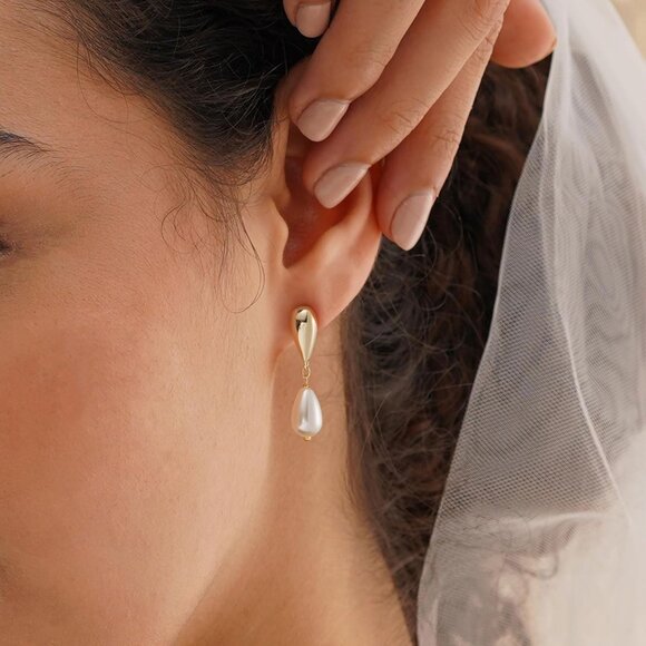 Dainty Pearl Drop Earrings for Women 14K Gold Plated CZ Wedding Stud Dangle Gift - Picture 2 of 6